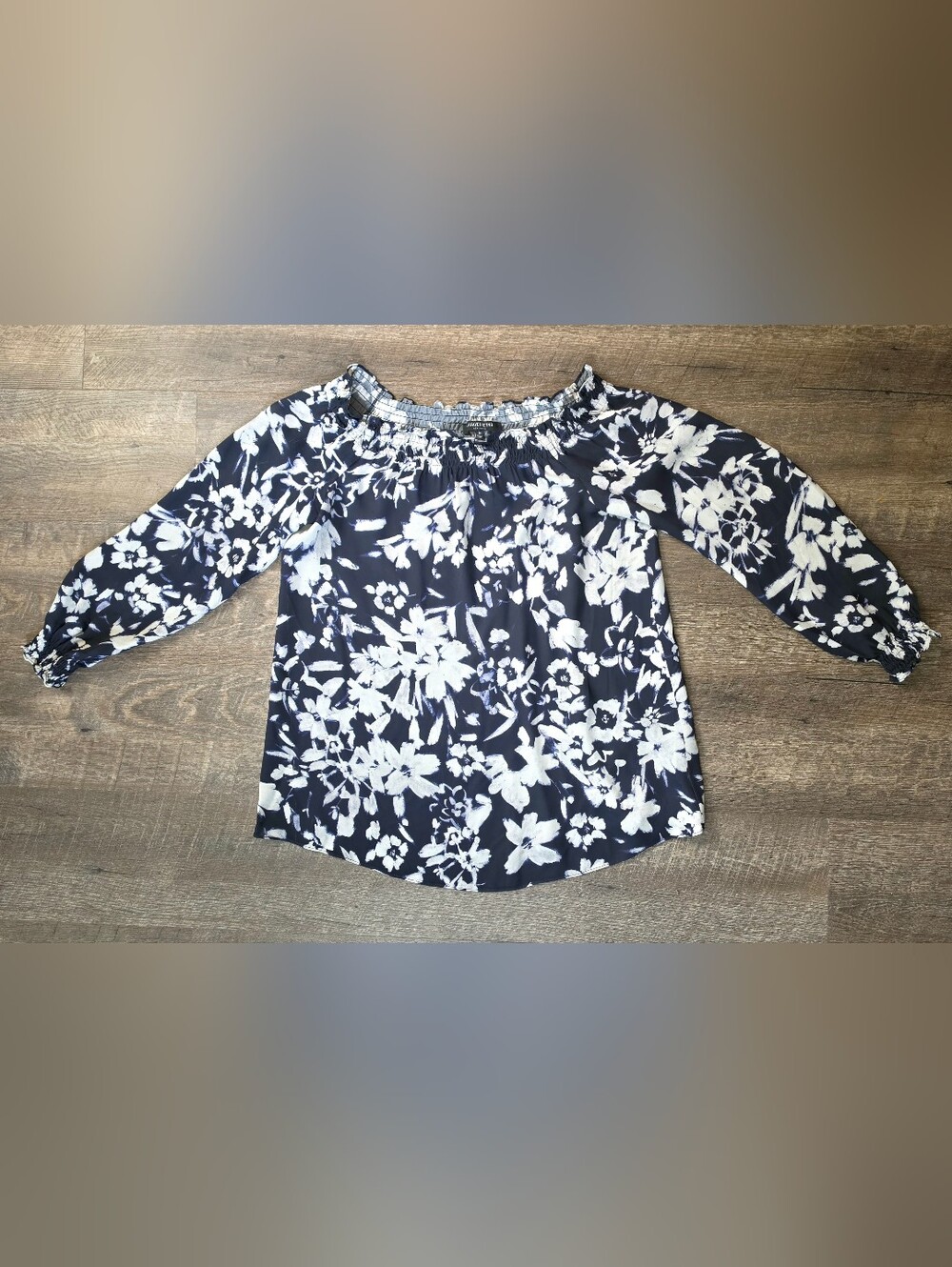 Lafayette 148 New York Raelyn Off-Shoulder Blouse Womens M Navy White Floral Flo - Picture 6 of 13